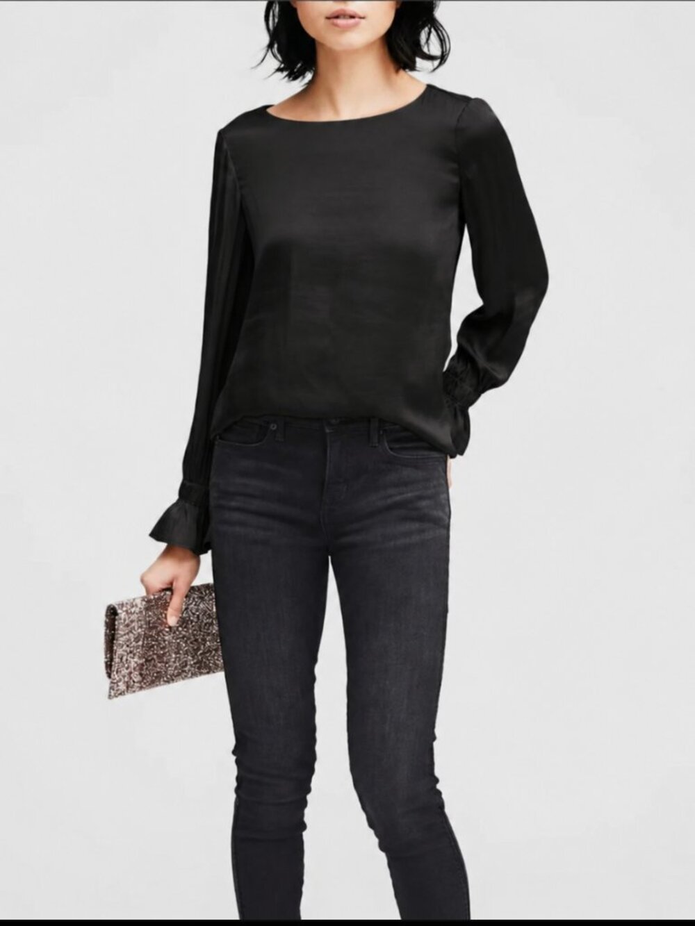 Banana Republic Poet Sleeve Black Small Pullover Satin Long Sleeve Blouse